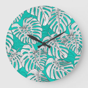 Dschungel Blätter Tropenflora Nahtlos Große Wanduhr