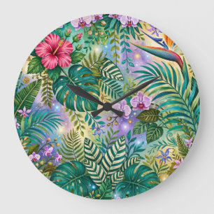Dschungel-Fantasie-Blumen Lila Grün Gold Träumeris Große Wanduhr