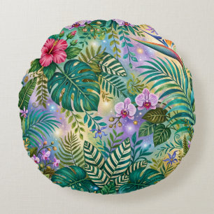 Dschungel-Fantasie-Blumen Lila Grün Gold Träumeris Rundes Kissen
