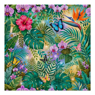 Dschungel-Fantasie Schmetterlinge Blumen Fröhlich Poster