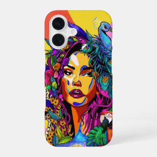 Dschungel-Göttin Pop-Art-Pfau-Porträt iPhone 16 Hülle