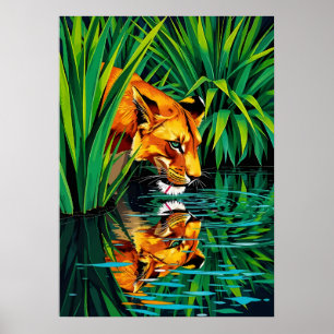 Dschungel Lioness Reflection - Vibranntes Wasser K Poster
