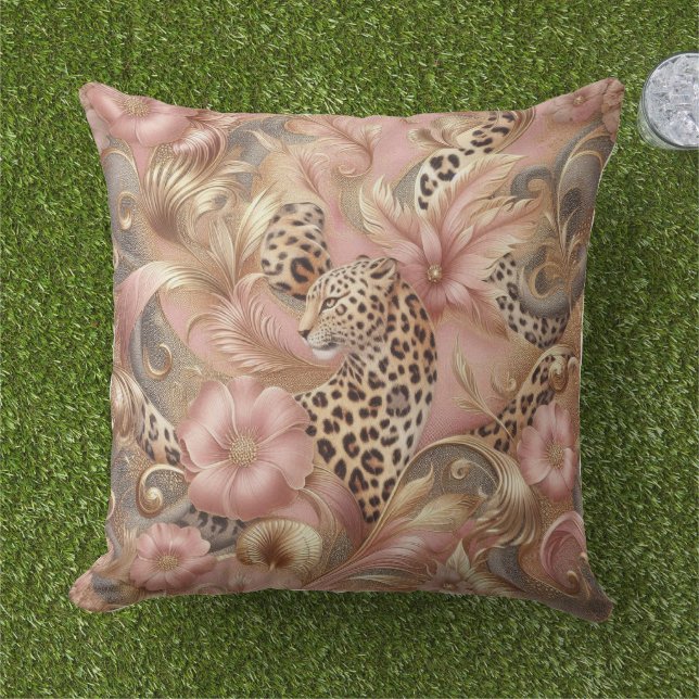 Dschungel Rosa und Brauner Leopard  Kissen (Gras)