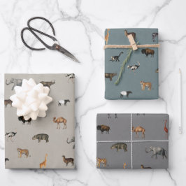 Dschungel-Safari-Tiere Muster Blau Beige Grau Geschenkpapier Set