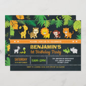 Dschungel-Tier-Jungen-Safari-wilder 1. Geburtstag Einladung (Vorne/Hinten)