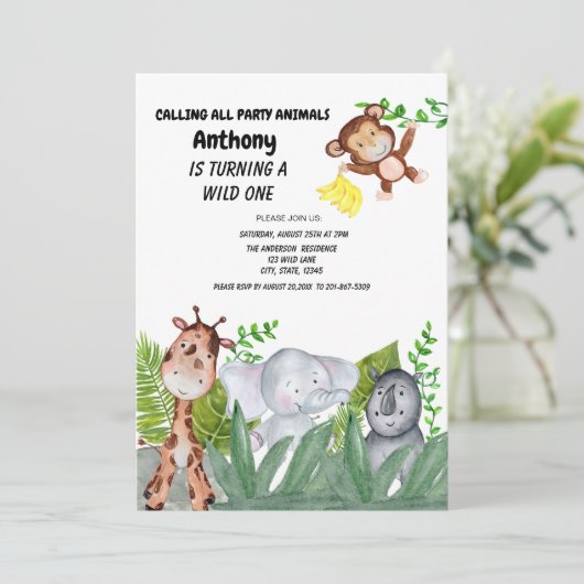 Dschungel-Tiere, die in der Grün-ersten Geburt Einladung (Stehend Vorderseite)