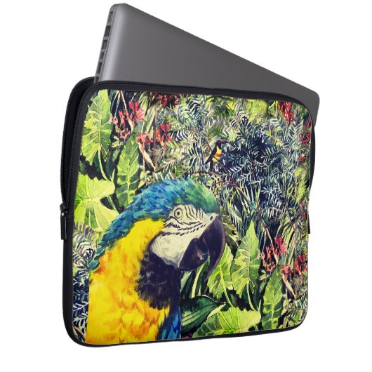 Dschungel und ein blau-gelber Ara Laptopschutzhülle (Vorne Rechts)