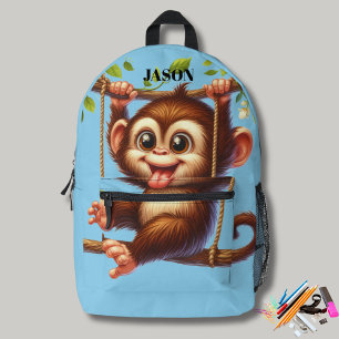 Dschungelaffe auf Baummonogramm Kids Blau Bedruckter Rucksack