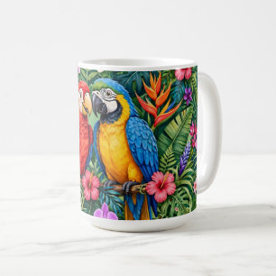 Dschungelaras Fröhliche Papageien Lebendige Blumen Kaffeetasse