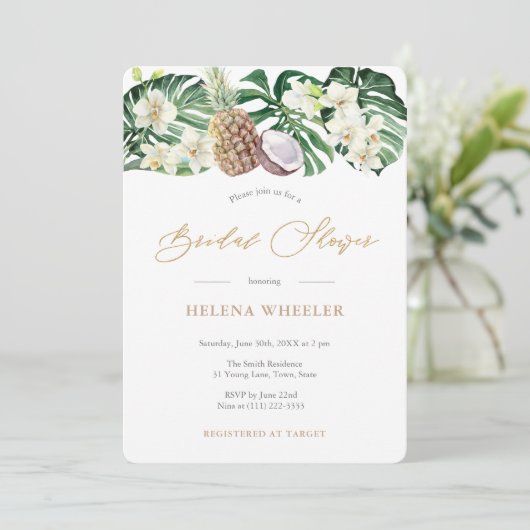 Dschungelblättriges Grünes Ananas-Brautparty Einladung (Stehend Vorderseite)