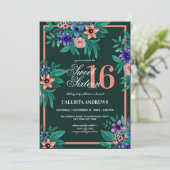 Dschungelgrün Korallenrosa Wasserfarbe Süß 16 Einladung (Stehend Vorderseite)