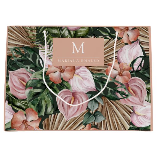 Dschungelpalme Blätter Regenwald Blume rosa grün Große Geschenktüte (Vorderseite)