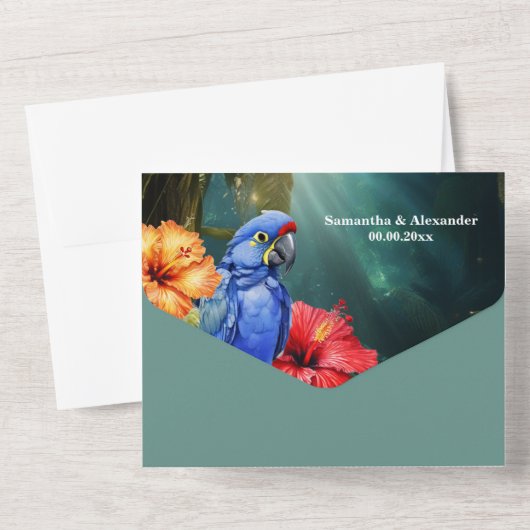 Dschungelpapagei tropische Blume Waldwald All In One Einladung (Rückseite)