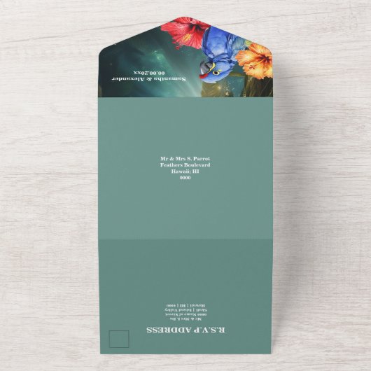 Dschungelpapagei tropische Blume Waldwald All In One Einladung (Außenbereich)