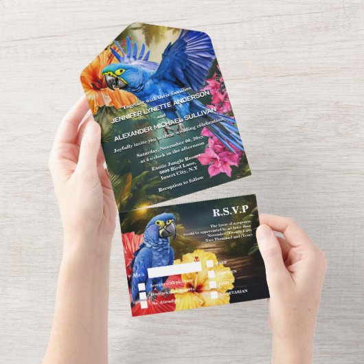 Dschungelpapagei tropische Blume Waldwald All In One Einladung (Abreißtisch)