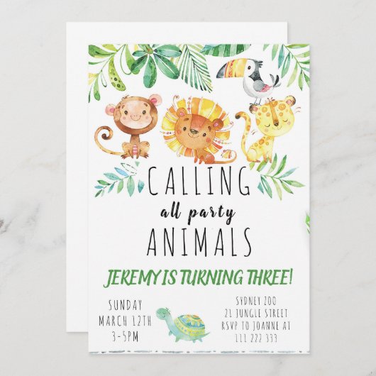 Dschungeltier-Party Einladung (Vorne/Hinten)