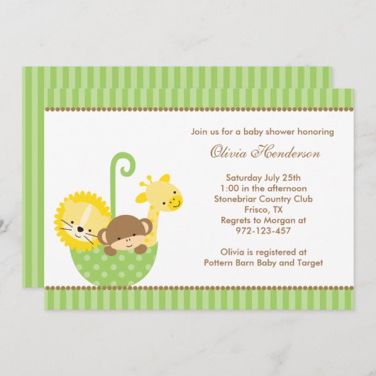 Dschungeltiere bei Einladungen unter grünem Schirm (Vorne/Hinten)