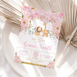 Dschungeltiere Erröten Rosa Florale Babyparty Einladung