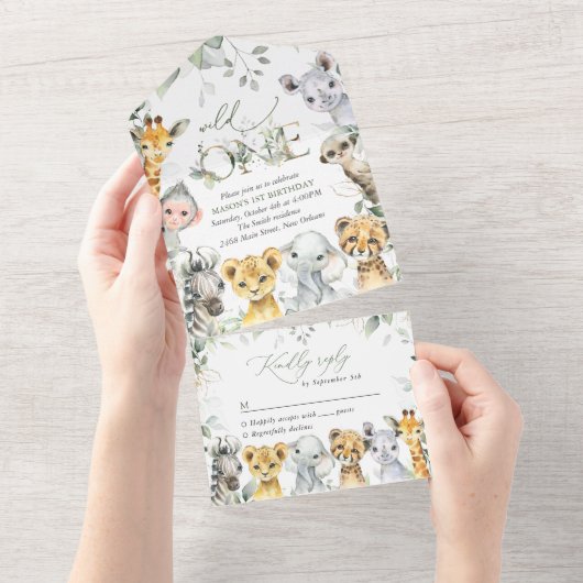 Dschungeltiere, Safari, Wildes Eins, Erster Geburt All In One Einladung (Abreißen)