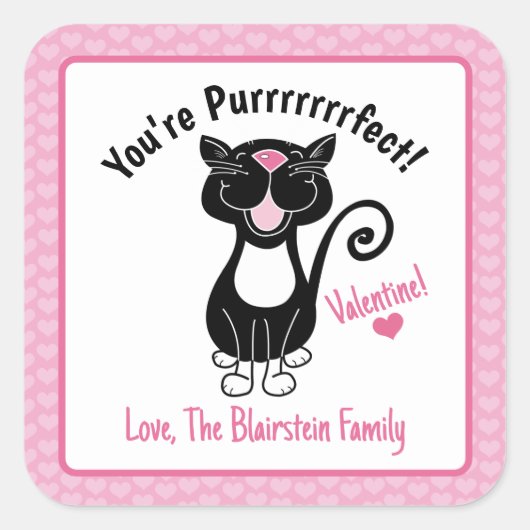 Du bist purfect Black Cat Valentine's Heart Pink Quadratischer Aufkleber (Vorderseite)