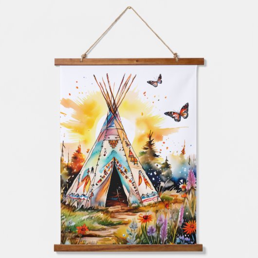Du bist Zuhause! Farbenfrohe TeePee mit Wildblumen Wandteppich Mit Holzrahmen (Vorderseite)
