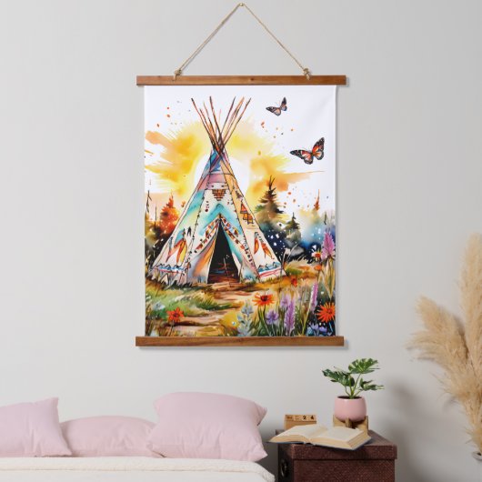 Du bist Zuhause! Farbenfrohe TeePee mit Wildblumen Wandteppich Mit Holzrahmen (Schlafzimmer)