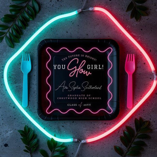 Du glänzst Girl Retro Wavy Pink Neon Abschluss Pappteller