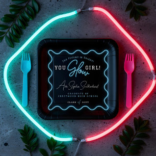 Du Glow Girl Retro Wavy Blue Neon Abschluss Pappteller