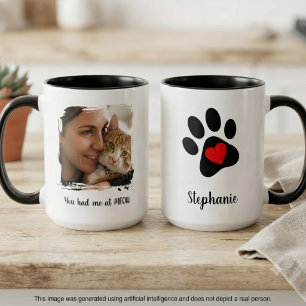 "Du hast mich bei Miauen" Foto und Pfotenabdruck Zweifarbige Tasse