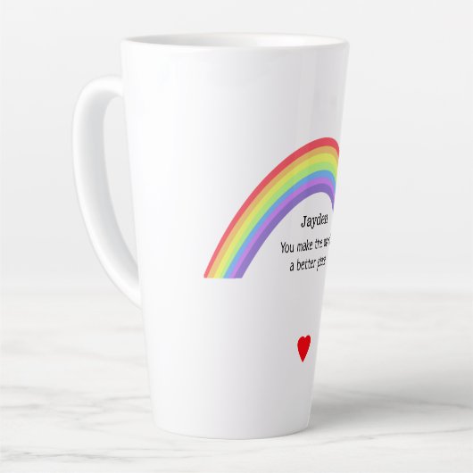 Du machst die Welt besser. Regenbogen. Personalisi Milchtasse (Linke Ecke)