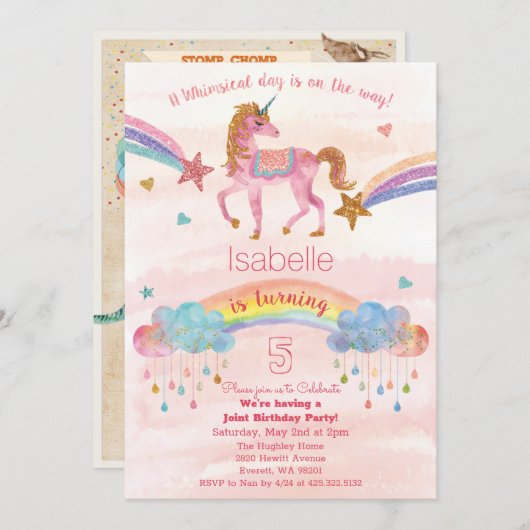 DUAL INVITE - Einhorn und Dinosaurier Einladung zu (Vorne/Hinten)