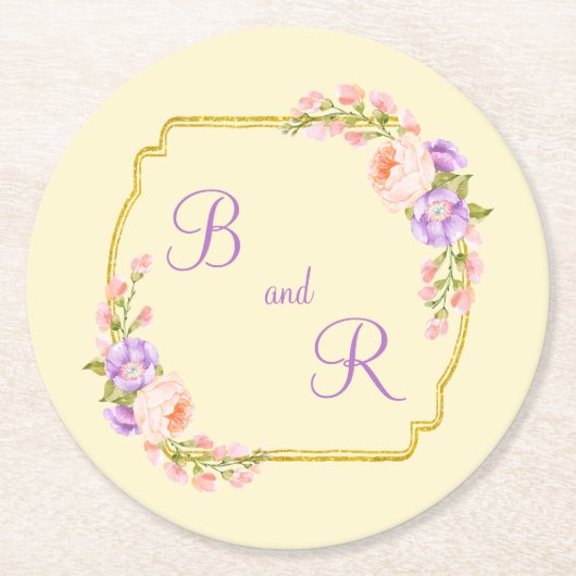 Dual Monogram Gold Frame w Blume Laurels Runder Pappuntersetzer (Vorderseite)