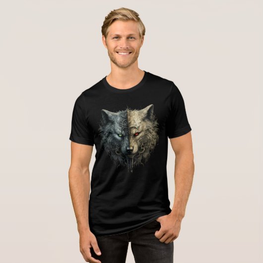 Dual Wolf Spirits – Light & Dark Totem Art Tri-Blend Shirt (Vorderseite voll)