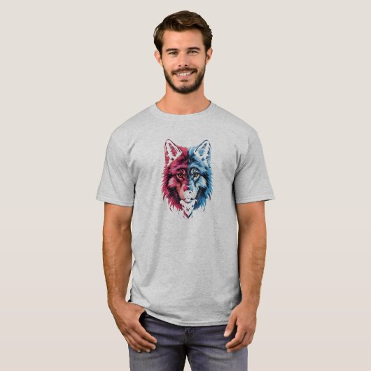 Duality Wolf - Roter und Blauer Geist Kunst T-Shirt (Vorne ganz)
