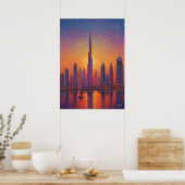 Dubai Burj Khalifa Pointillism Skyline Sunset Poster (Küche)