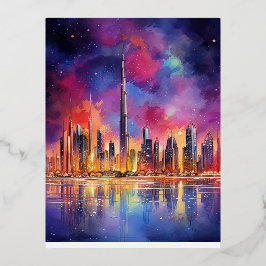 Dubai in der nächtlichen Abstrakten Landschaft Folien Feiertagspostkarte