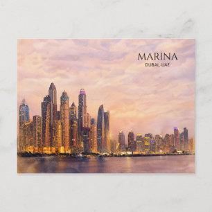 Dubai Marina Skyline Aquarell Stadtlichter Reise Feiertagspostkarte