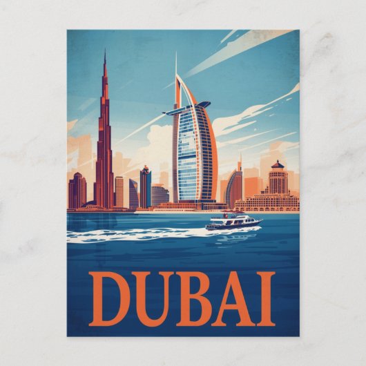 Dubai Marina Skyline & Boat Retro Postkarte (Vorderseite)