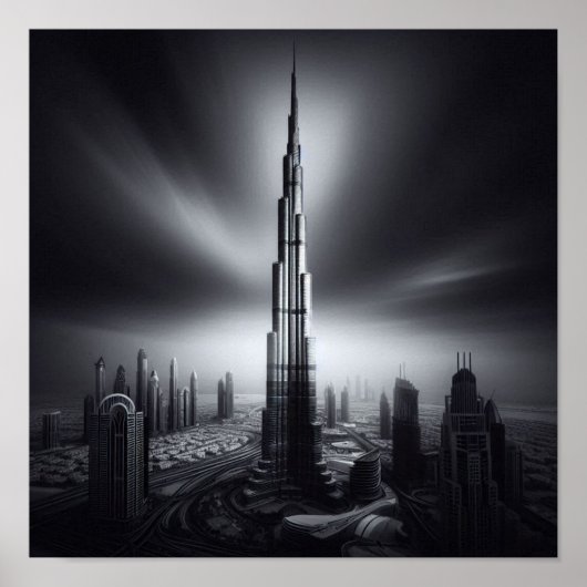 Dubai Skyline Majesty - Burj Khalifa in Monochrome Poster (Vorne)