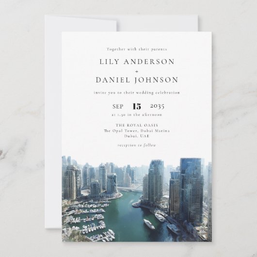 Dubai Skyline Watercolor Elegant Wedding Einladung (Vorderseite)