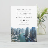 Dubai Skyline Watercolor Photo Wedding Save The Date (Stehend Vorderseite)