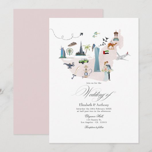 Dubai UAE Hochzeit in Urlaubsort Einladung (Vorne/Hinten)