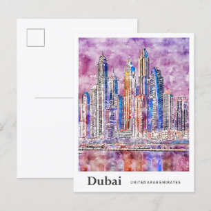 Dubai UAE Travel Watercolor Hand Drawing Postkarte