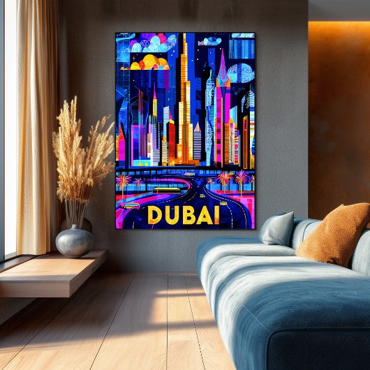 Dubai Vibrant Skyline - Geometric Citycape Art Poster