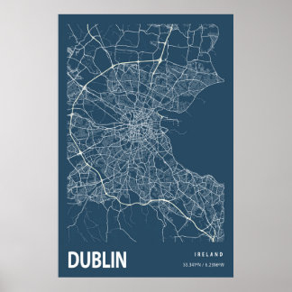 Dublin Ireland City Map Art Blue Print Poster