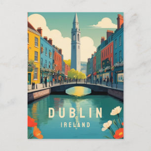 Dublin Ireland Retro Travel Art Floral Tower River Postkarte