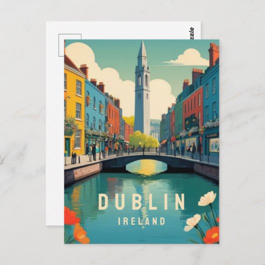 Dublin Ireland Retro Travel Art Floral Tower River Postkarte (Vorne/Hinten)