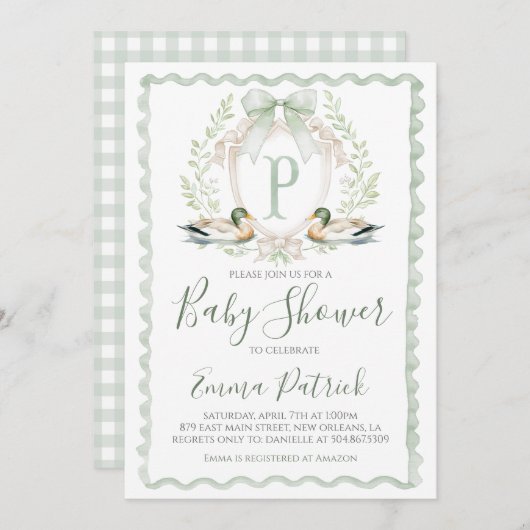 Duck Baby Boy Shower Preppy Gingham Sage Green Einladung (Vorne/Hinten)