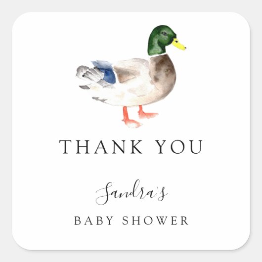 Duck Baby Shower Elegant Danke Script Chic Quadratischer Aufkleber (Vorderseite)