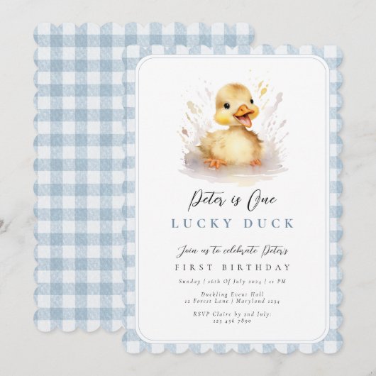 Duck Blue Gingham 1. Geburtstag Einladung (Vorne/Hinten)